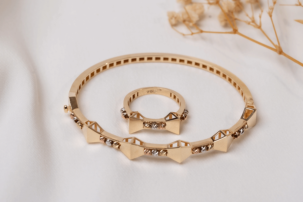 Modern Gold Bracelet & Ring with Pyramid Design 18K